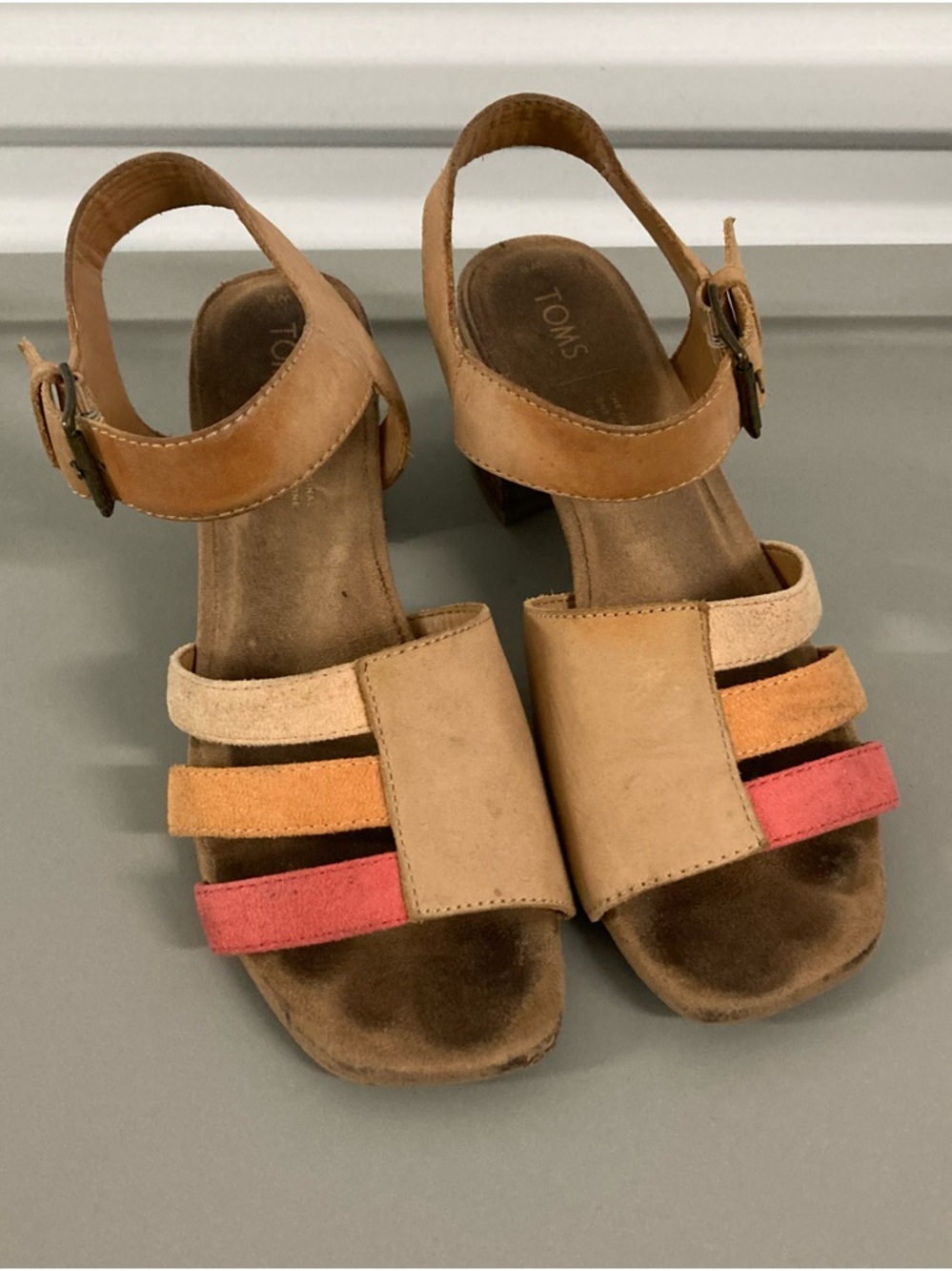 Toms Women’s Tan Leather Block Heel Sandals with Multicolor Suede Straps